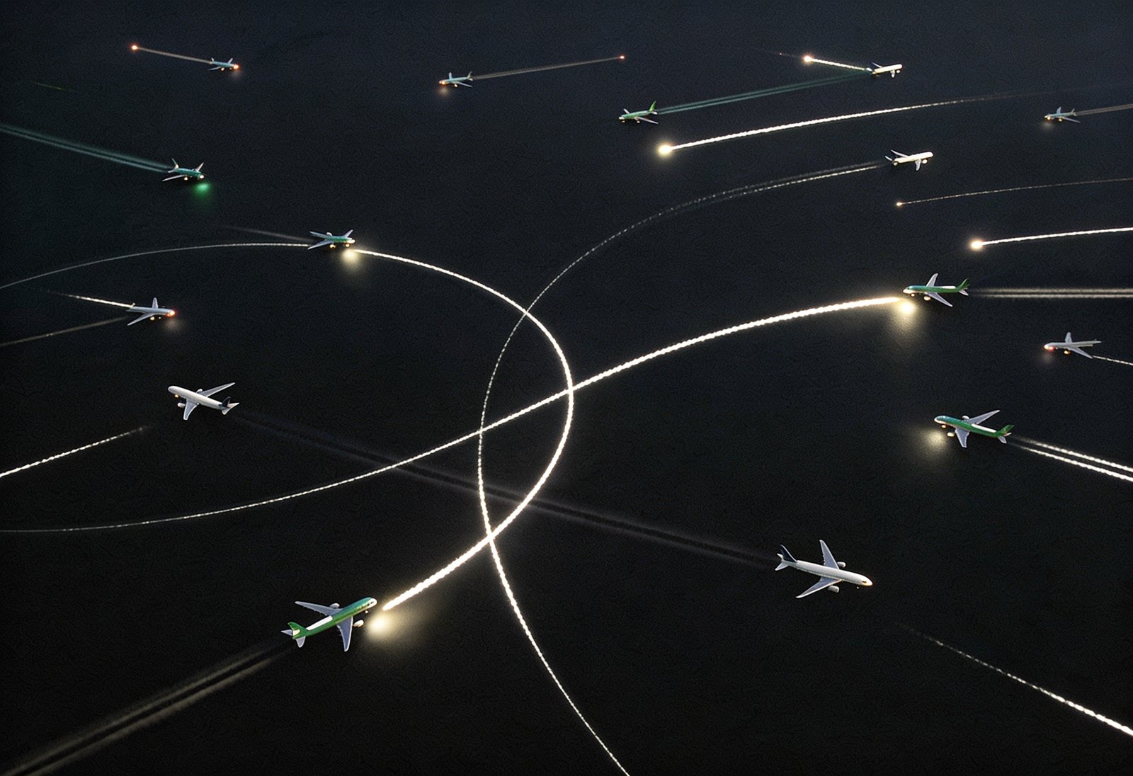 Artwork brand Fylle: molti aerei su scie luminose che convergono e si incrociano come traffico aereo coordinato di notte.