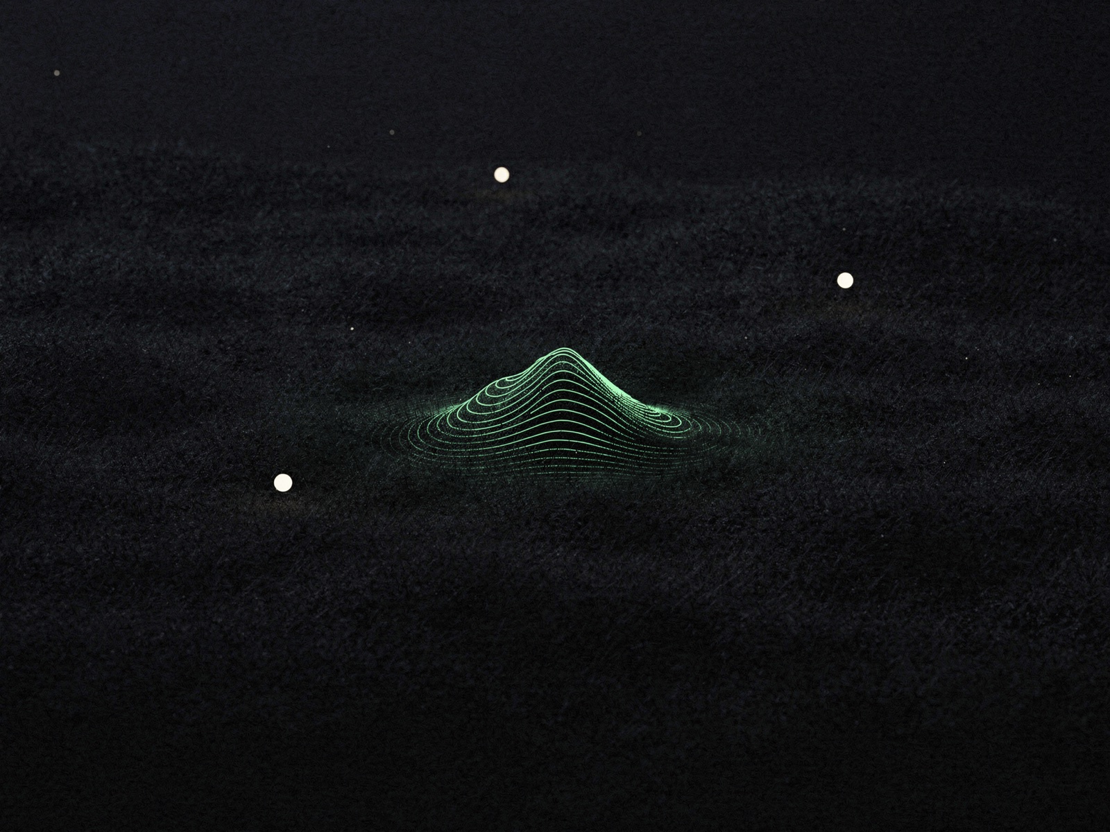 Fylle brand artwork: a neon-green topographic contour mound rising from a grainy black field, dotted with faint pale nodes like distant signals.