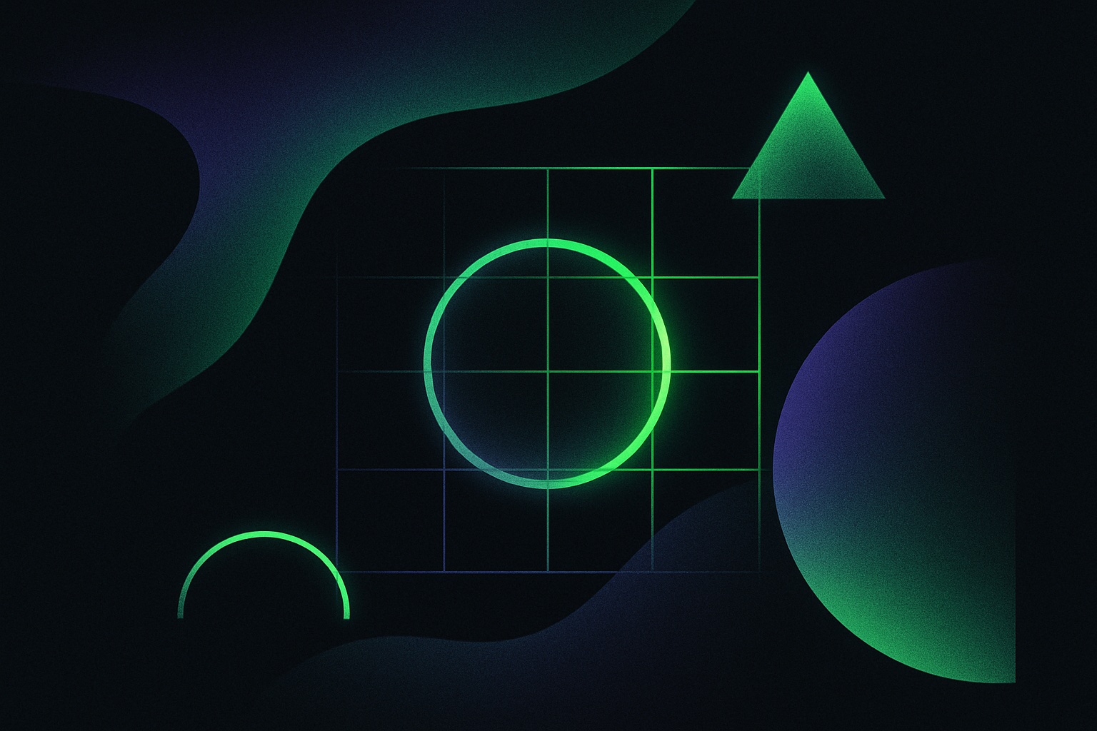 Artwork brand Fylle: un anello verde luminoso su una griglia tenue, con un triangolo e sfere sfumate su sfondo scuro.