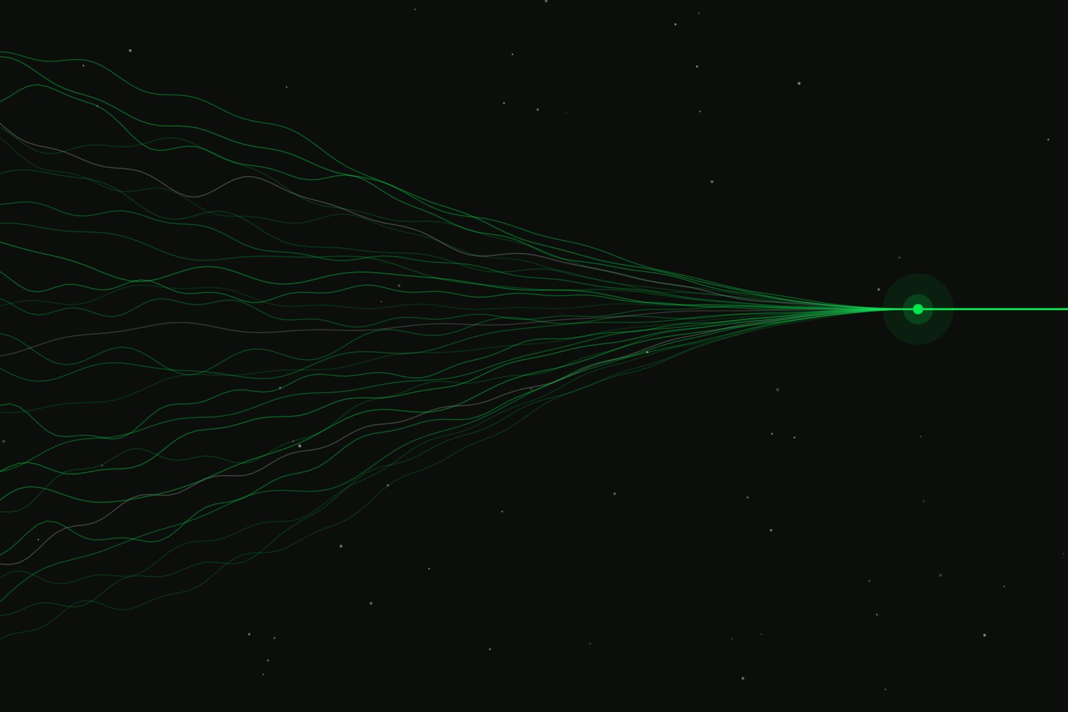 Vague green signals converge into one precise line of action on a dark field.