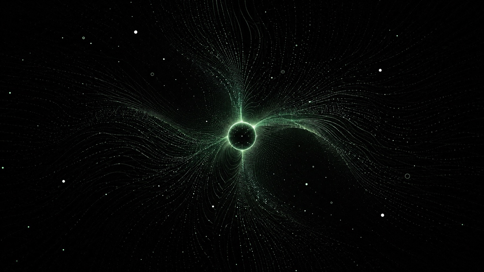 Fylle brand artwork: a dark field of green signal lines and points flowing into a glowing central sphere, suggesting portable behavior orbiting around a dense private context core.