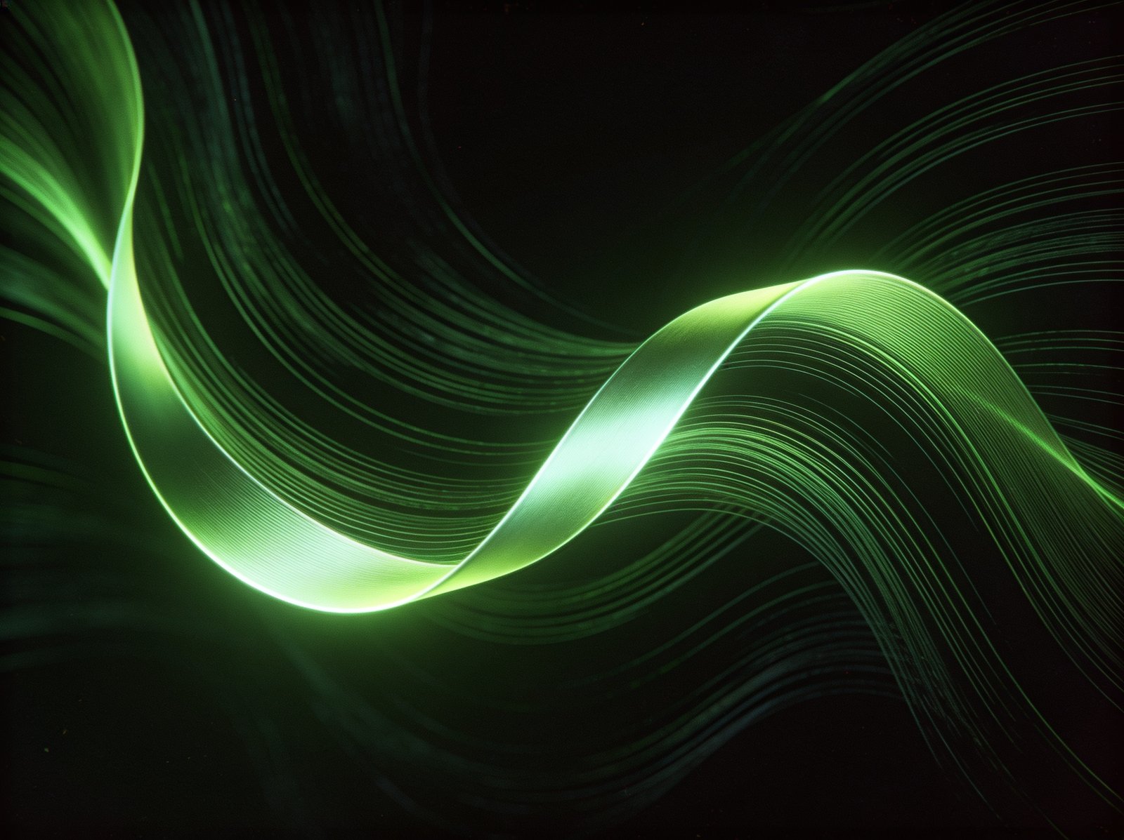 Artwork brand Fylle: nastri di luce verde che curvano come onde in un campo scuro.