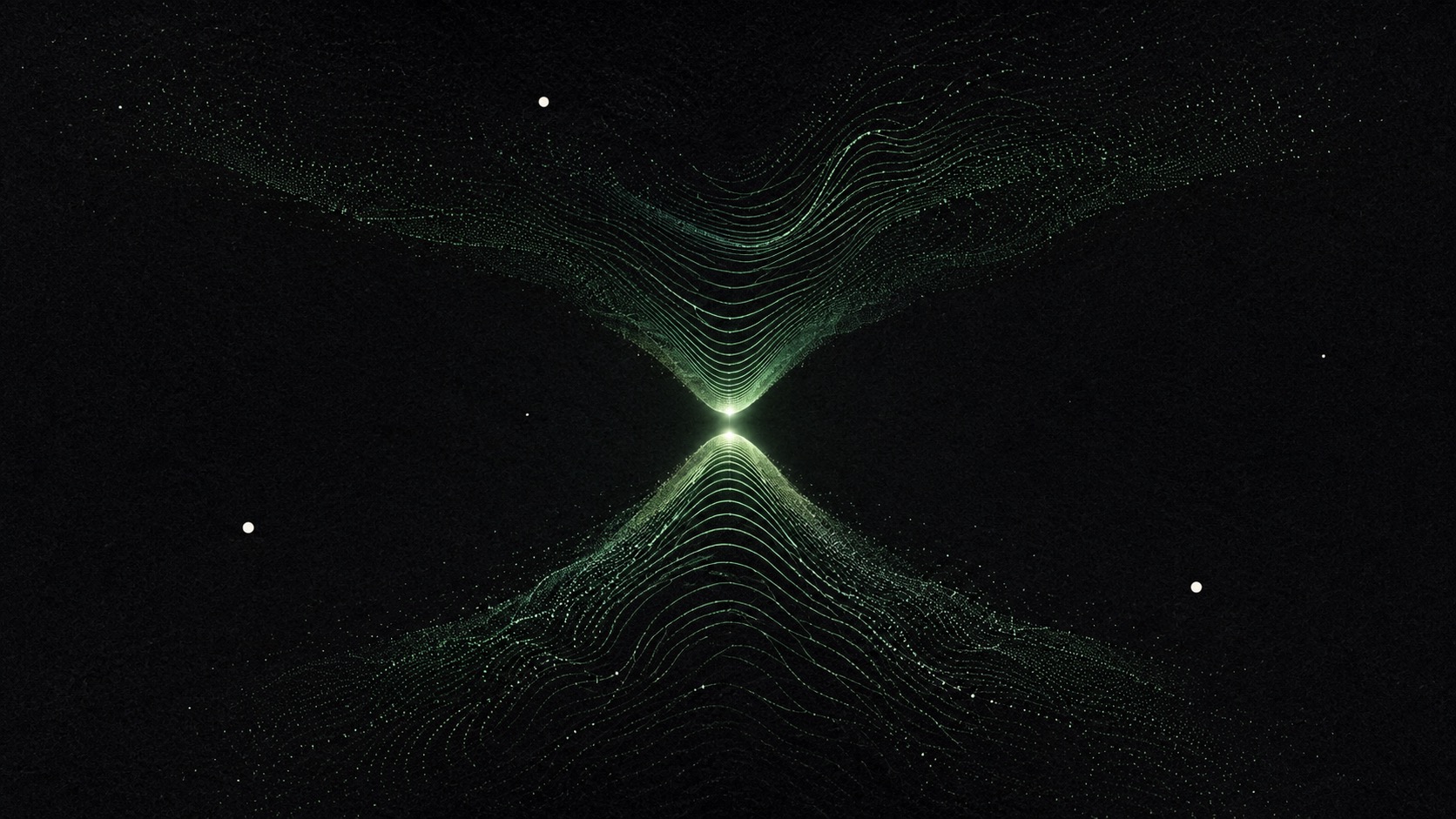 Fylle brand artwork: two green topographic waveforms narrowing toward a bright central point on a grainy black field, surrounded by sparse white signal dots.